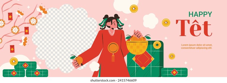 Vietnamese new year Background. Translation "Tet": Lunar new year. Vietnamese Tet celebration. Cartoon Vector illustration design for Poster, Banner, Greeting, Card, Flyer, Post, Cover. February 10.