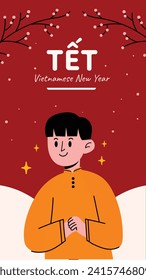 Vietnamese new year Background. Translation "Tet": Lunar new year. Vietnamese Tet celebration. Cartoon Vector illustration design for Poster, Banner, Greeting, Card, Flyer, Post, Cover. February 10.