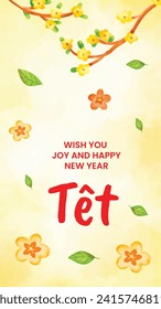 Vietnamese new year Background. Translation "Tet": Lunar new year. Vietnamese Tet celebration. Cartoon Vector illustration design for Poster, Banner, Greeting, Card, Flyer, Post, Cover. February 10.