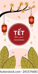 Vietnamese new year Background. Translation "Tet": Lunar new year. Vietnamese Tet celebration. Cartoon Vector illustration design for Poster, Banner, Greeting, Card, Flyer, Post, Cover. February 10.