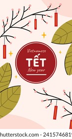 Vietnamese new year Background. Translation "Tet": Lunar new year. Vietnamese Tet celebration. Cartoon Vector illustration design for Poster, Banner, Greeting, Card, Flyer, Post, Cover. February 10.