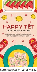 Vietnamese new year Background. Translation "Tet": Lunar new year. Vietnamese Tet celebration. Cartoon Vector illustration design for Poster, Banner, Greeting, Card, Flyer, Post, Cover. February 10.