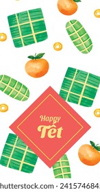 Vietnamese new year Background. Translation "Tet": Lunar new year. Vietnamese Tet celebration. Cartoon Vector illustration design for Poster, Banner, Greeting, Card, Flyer, Post, Cover. February 10.