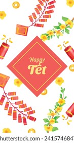 Vietnamese new year Background. Translation "Tet": Lunar new year. Vietnamese Tet celebration. Cartoon Vector illustration design for Poster, Banner, Greeting, Card, Flyer, Post, Cover. February 10.