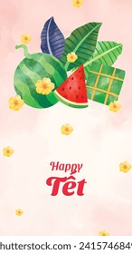 Vietnamese new year Background. Translation "Tet": Lunar new year. Vietnamese Tet celebration. Cartoon Vector illustration design for Poster, Banner, Greeting, Card, Flyer, Post, Cover. February 10.