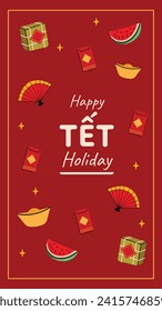 Vietnamese new year Background. Translation "Tet": Lunar new year. Vietnamese Tet celebration. Cartoon Vector illustration design for Poster, Banner, Greeting, Card, Flyer, Post, Cover. February 10.