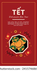 Vietnamese new year Background. Translation "Tet": Lunar new year. Vietnamese Tet celebration. Cartoon Vector illustration design for Poster, Banner, Greeting, Card, Flyer, Post, Cover. February 10.