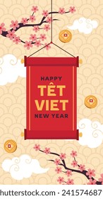 Vietnamese new year Background. Translation "Tet": Lunar new year. Vietnamese Tet celebration. Cartoon Vector illustration design for Poster, Banner, Greeting, Card, Flyer, Post, Cover. February 10.