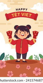Vietnamese new year Background. Translation "Tet": Lunar new year. Vietnamese Tet celebration. Cartoon Vector illustration design for Poster, Banner, Greeting, Card, Flyer, Post, Cover. February 10.
