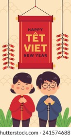 Vietnamese new year Background. Translation "Tet": Lunar new year. Vietnamese Tet celebration. Cartoon Vector illustration design for Poster, Banner, Greeting, Card, Flyer, Post, Cover. February 10.