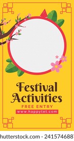 Vietnamese new year Background. Translation "Tet": Lunar new year. Vietnamese Tet celebration. Cartoon Vector illustration design for Poster, Banner, Greeting, Card, Flyer, Post, Cover. February 10.