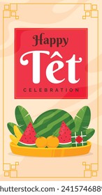 Vietnamese new year Background. Translation "Tet": Lunar new year. Vietnamese Tet celebration. Cartoon Vector illustration design for Poster, Banner, Greeting, Card, Flyer, Post, Cover. February 10.