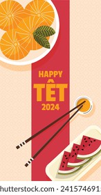 Vietnamese new year Background. Translation "Tet": Lunar new year. Vietnamese Tet celebration. Cartoon Vector illustration design for Poster, Banner, Greeting, Card, Flyer, Post, Cover. February 10.