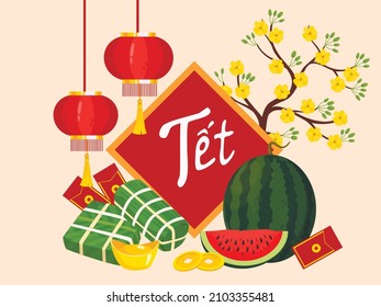 Vietnamese new year concept. Translation "Tet": Lunar new year. Flat style design. Concept holiday card, poster, banner.