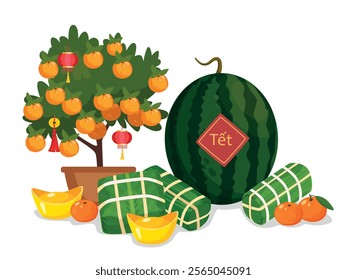 Vietnamese new year concept. Translation "Tet": Lunar new year. Flat style design. Concept holiday card, poster, banner.