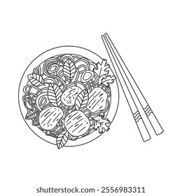 Vietnamese noodle soup Pho Bo. Top view of traditional asian food. Vector illustration