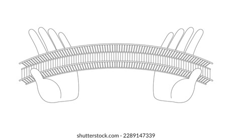 Vietnamese pedestrian bridge contoured lineart flat graphic vector illustration isolated on white background. Top above view of outlined two giant hands hold up Golden Bridge in Vietnam