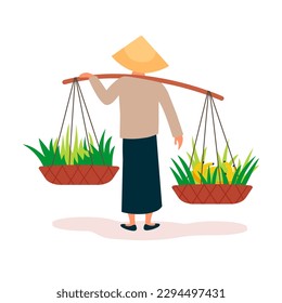 Persona vietnamita con cestas de frutas sobre el palo sobre el hombro aislada en ilustración vectorial de fondo blanco. 