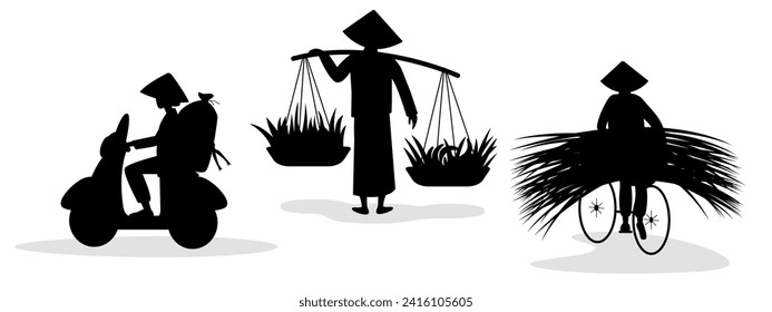 Vietnamita en bicicleta con pila de hierba. Vietnamita con cestas en el asta sobre el hombro. Mujer en motocicleta cargando una bolsa grande. Dibujo vectorial de dibujos animados negros sobre fondo blanco.