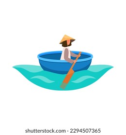 Vietnamese person in traditional round bamboo boat cartoon vector illustration