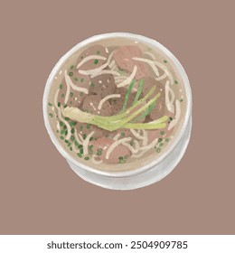 Vietnamese Pho Noddle Drawing in Watercolor Style, Vector Illustration with Separate Background