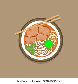 Vietnamese Pho Noodle Soup - Delicious Vietnamese Pho Noodle Soup with Beef and Herbs Vector Illustration