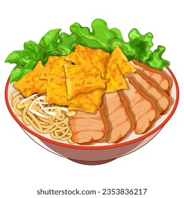 Fideos de cerdo vietnamitas con crackers de harina de arroz a la parrilla (Cao lú), vector de ilustración. Comida vietnamita asiática con tallarines cao lau con un ícono de papel de arroz crujiente. Fideos vietnamitas con vector de caricatura de carne.
