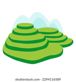 Vietnamese rice field vector illustration on white background. Abstract asian meadow with plant and mountains