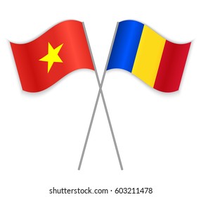 Vietnamese and Romanian crossed flags. Vietnam combined with Romania isolated on white. Language learning, international business or travel concept.