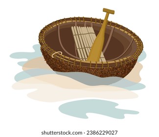 Vietnamese round fishing boat in sand and waves. Vector isolated illustration.