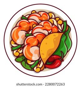 Vietnamese shrimp crepe (Bánh Xèo) illustration vector. Asian vietnamese food shrimp pancakes icon top view. Vietnamese crispy pancake with prawn cartoon.
Vietnam food menu icon vector.