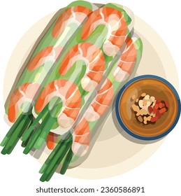 Ruedas de primavera vietnamitas con cerdo y camarón. Vector de ilustración de comida vietnamita de primera vista.