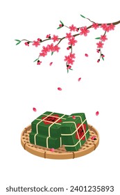 Vietnamese sticky rice cake on bamboo string hopper tray and peach blossom. Elements for Tet holiday, Vietnamese Lunar New Year