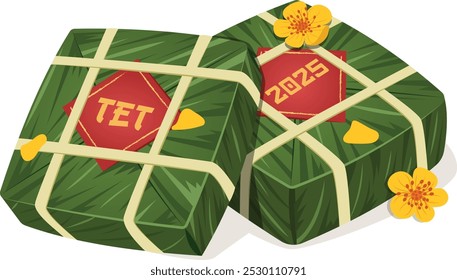 Vietnamese Sticky Rice Cakes or Bánh Chưng with Ochna Flowers - Tet 2025 