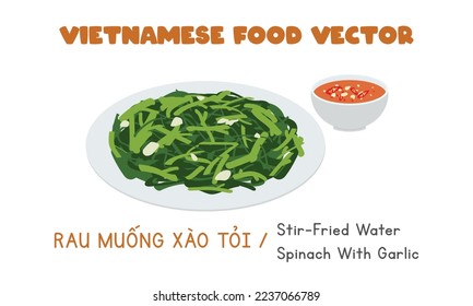 Vietnamese stir-fried water spinach with garlic flat vector design. Rau Muong Xao Toi clipart cartoon style. Asian food. Vietnamese cuisine