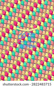 Vietnamese text conveying GUILTY CONSCIENCE typography in rainbow sunset haze tones with sweep arc curved tile block shadow field, terrain stripe rhythm texture pattern, and