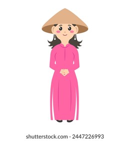 Vietnamese tradition womens cartoon. Beautiful vietnamese woman. Dress vietnamese woman. Digital art illustration. 