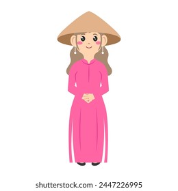 Vietnamese tradition womens cartoon. Beautiful vietnamese woman. Dress vietnamese woman. Digital art illustration. 