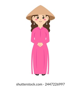 Vietnamese tradition womens cartoon. Beautiful vietnamese woman. Dress vietnamese woman. Digital art illustration. 