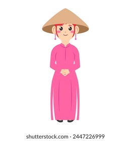 Vietnamese tradition womens cartoon. Beautiful vietnamese woman. Dress vietnamese woman. Digital art illustration. 