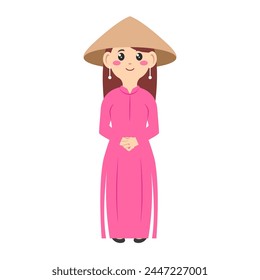 Vietnamese tradition womens cartoon. Beautiful vietnamese woman. Dress vietnamese woman. Digital art illustration. 