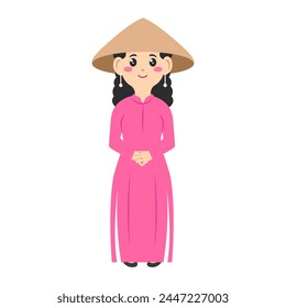 Vietnamese tradition womens cartoon. Beautiful vietnamese woman. Dress vietnamese woman. Digital art illustration. 