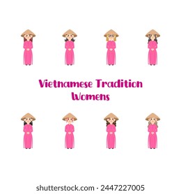 Vietnamese tradition womens cartoon. Beautiful vietnamese woman. Dress vietnamese woman. Digital art illustration. 