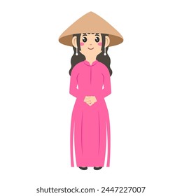 Vietnamese tradition womens cartoon. Beautiful vietnamese woman. Dress vietnamese woman. Digital art illustration. 