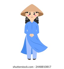 Vietnamese tradition womens cartoon. Beautiful vietnamese woman. Dress vietnamese woman. Digital art illustration.  