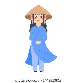 Vietnamese tradition womens cartoon. Beautiful vietnamese woman. Dress vietnamese woman. Digital art illustration.  