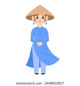 Vietnamese tradition womens cartoon. Beautiful vietnamese woman. Dress vietnamese woman. Digital art illustration.  