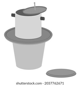 Vietnamese traditional coffee dripper isolated on white. Coffee maker. Dripping hot coffee brewing system. Flat cartoon. Vector illustration.