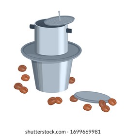 Vietnamese traditional coffee dripper and scattered coffee beans. Coffee maker. Dripping hot coffee brewing system. Flat cartoon. Isolated vector EPS10.