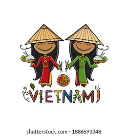 Vietnamese traditional food. Online menu logo. Women in traditional dress with food. Sketch for your design. Vector illustration